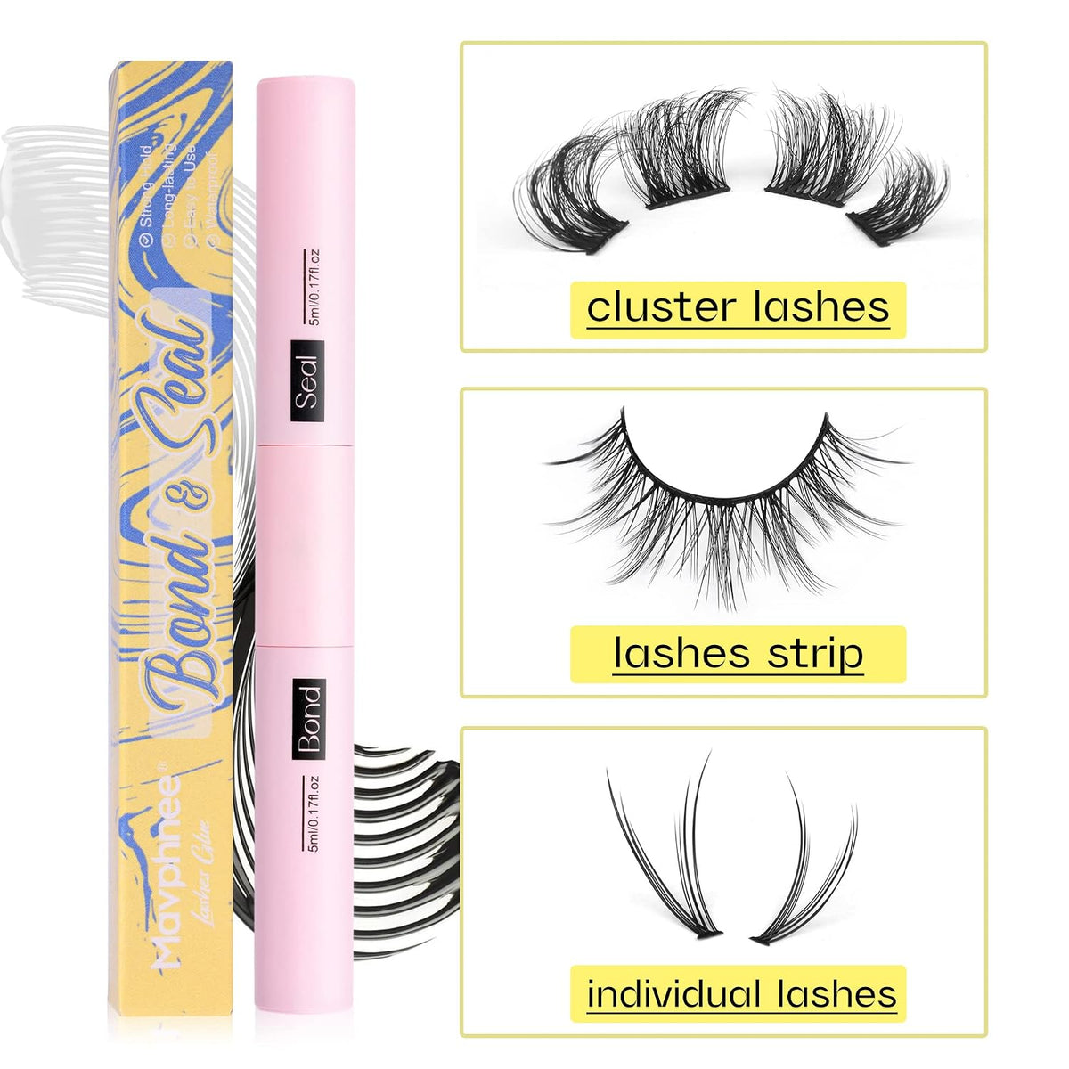 Lash Glue Bond and Seal Long Lasting Strong Hold Waterproof 2 in 1 Cluster Eyelash Glue for DIY Lash Extensions by Mavph
