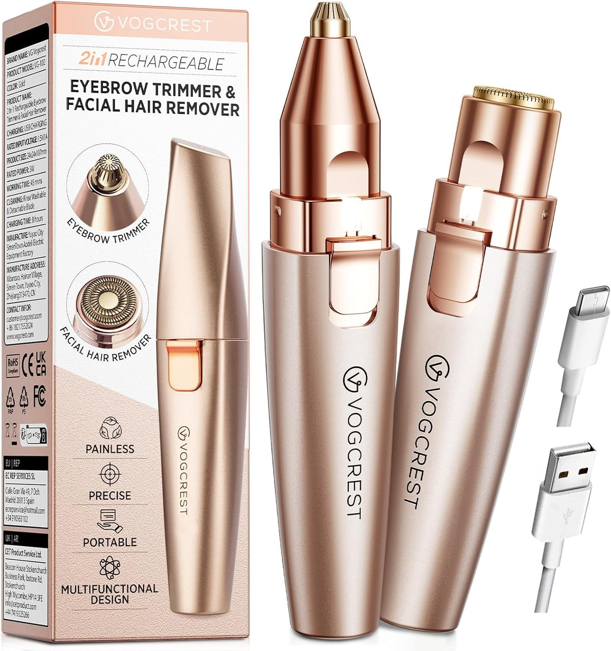 VG VOGCREST Eyebrow & Facial Trimmer: 2 in1 Rechargeable Facial Hair Removal & Eyebrow Shaver - Body Razor with Built-in