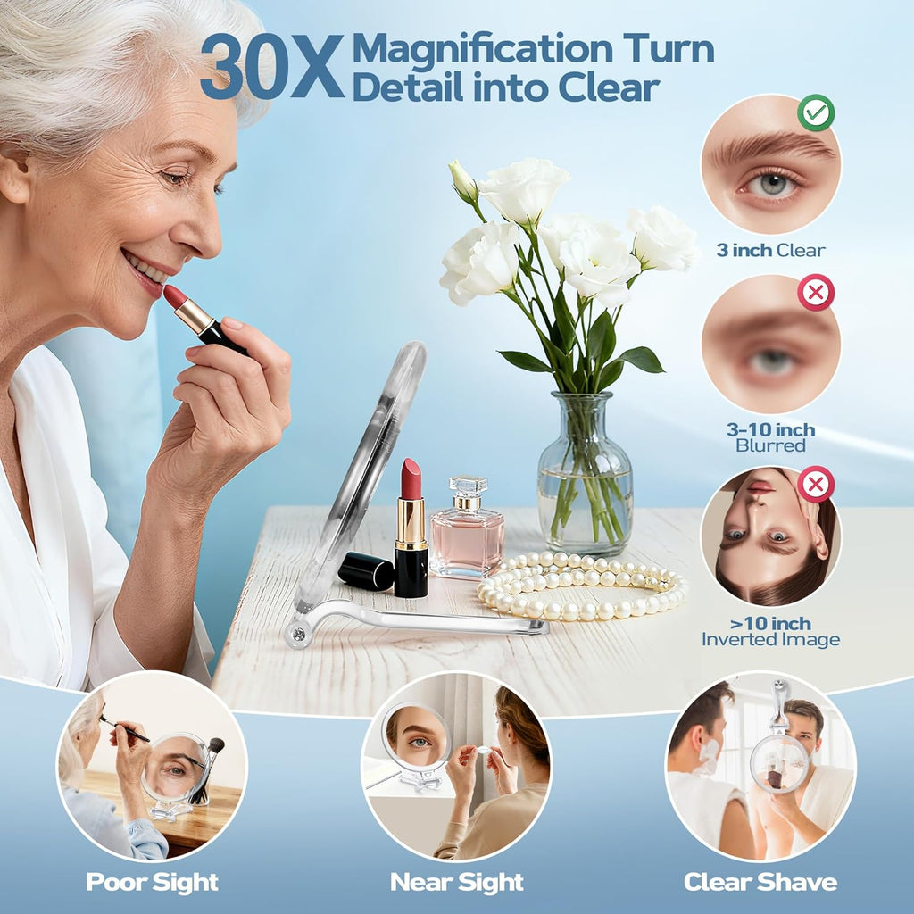 30X Magnifying Mirror for Travel with Handle, Double-Sided 1X/30X Magnification Hand Mirror for Makeup,Travel Mirror for