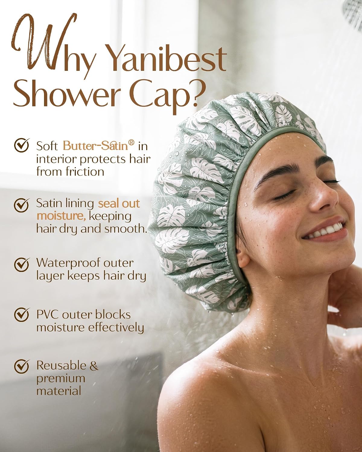 Yanibest Frizz Free Satin Lined Shower Cap with Soft Elastic Band