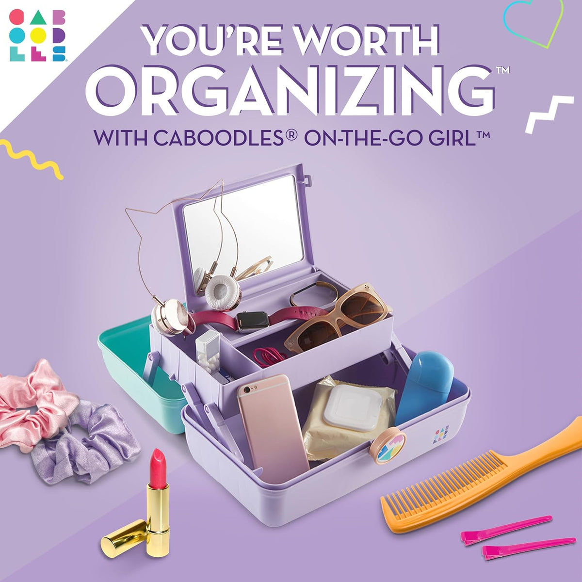 Caboodles On-The-Go Girl Makeup Box, Seafoam on Lavender, Hard Plastic Makeup Organizer Box, Built-In Mirror, Secure Lat