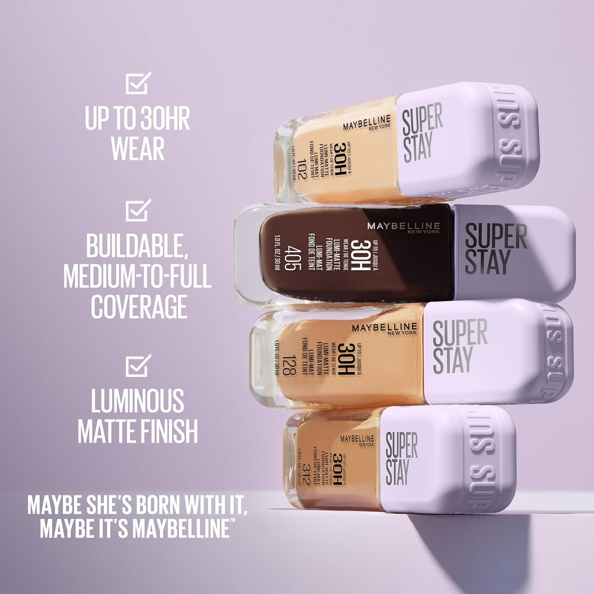 Maybelline Super Stay Lumi-Matte Foundation, Lightweight and Buildable Full Coverage Foundation Makeup For Up To 30HR We