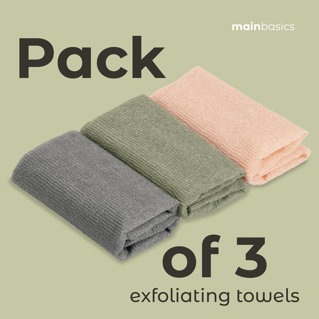 MainBasics Deep Exfoliating Japanese Shower Towel, 3 Pack, Earthy Love