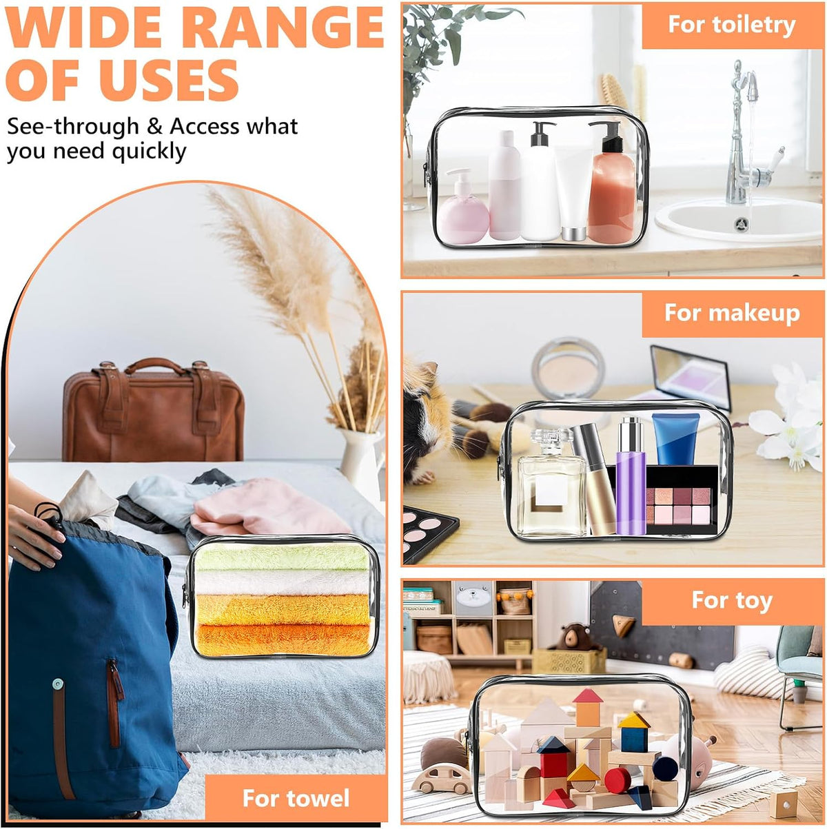 AURUZA Clear Makeup Bag,Portable Travel Toiletry Bags with Zipper, TSA Approved Clear Organizer Bags, PVC Cosmetic Pouch