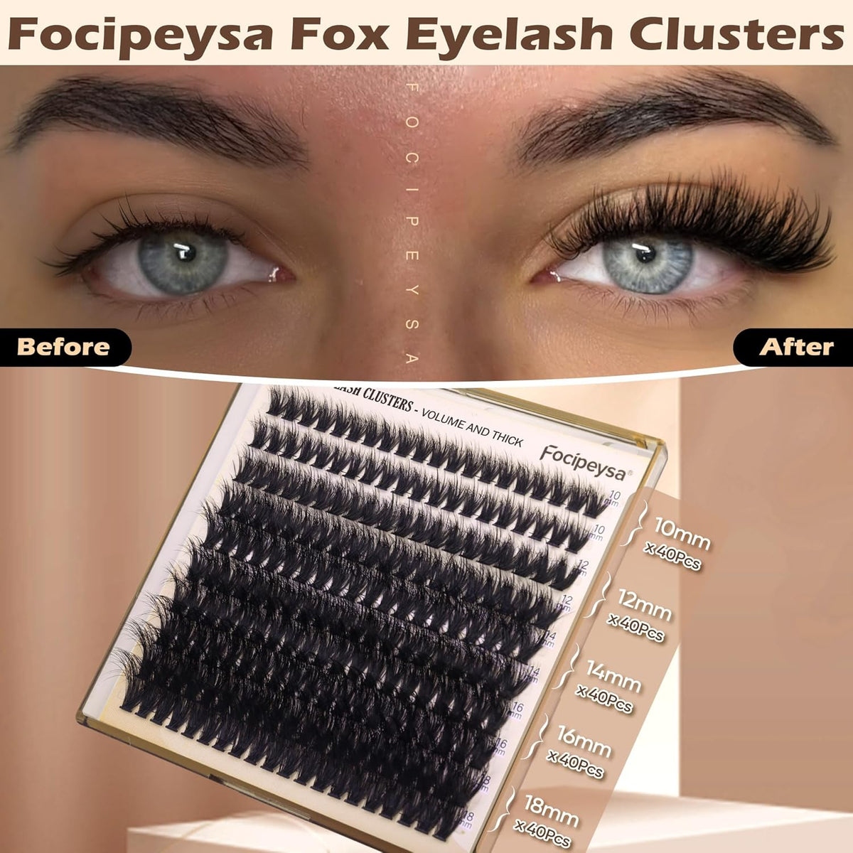 Focipeysa Lash Extension Kit Thick Eyelash Extension Kit 10-18mm Fluff Volume Lash Clusters 200D Individual Eyelashes Ki