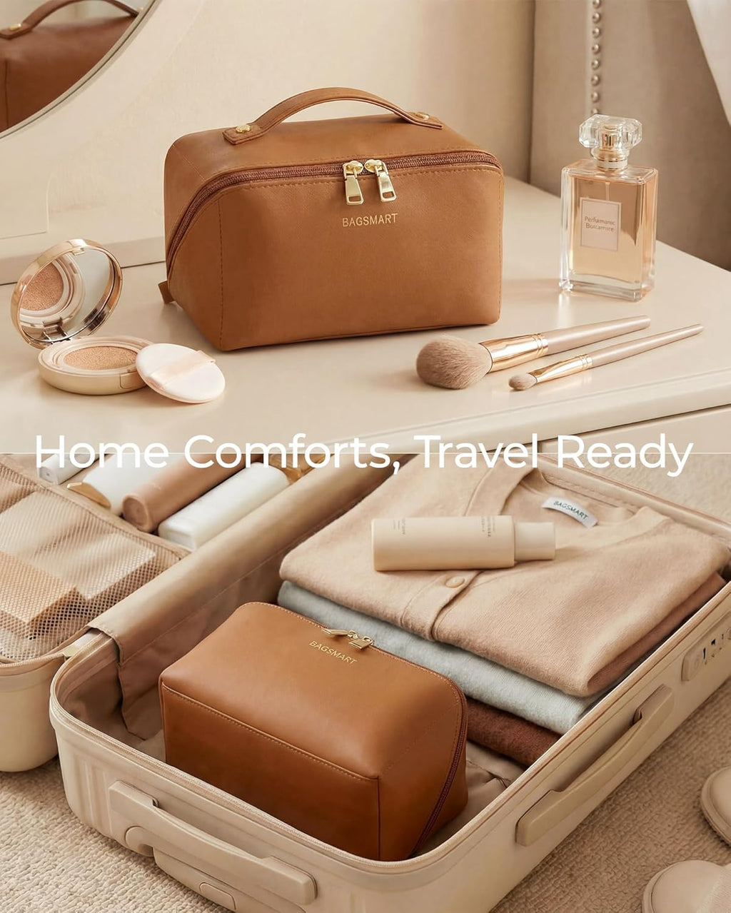 BAGSMART Makeup Bag Travel Cosmetic Bag,Women Toiletry Case, Classic Brown