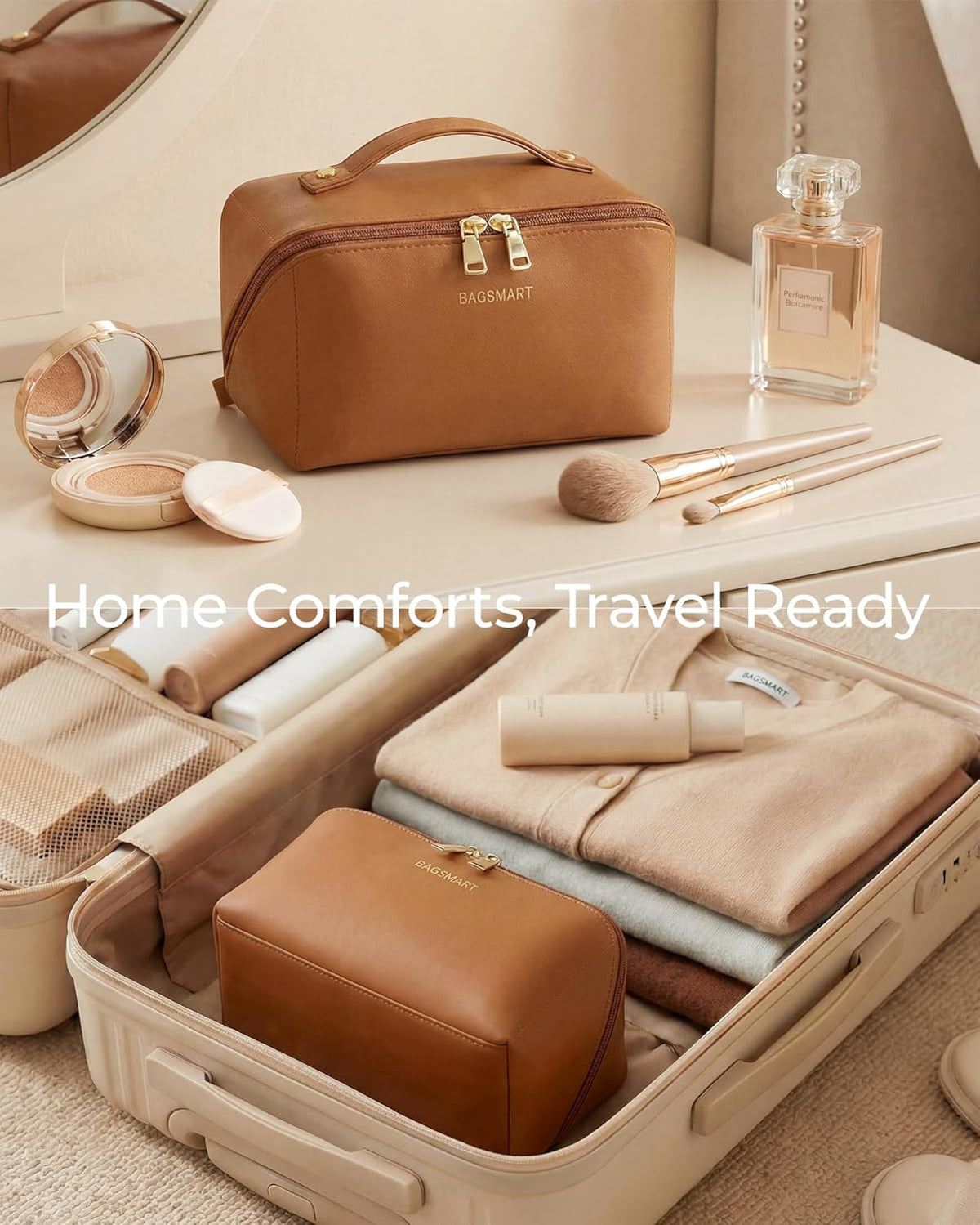 BAGSMART Makeup Bag Travel Cosmetic Bag,Women Toiletry Case, Classic Brown