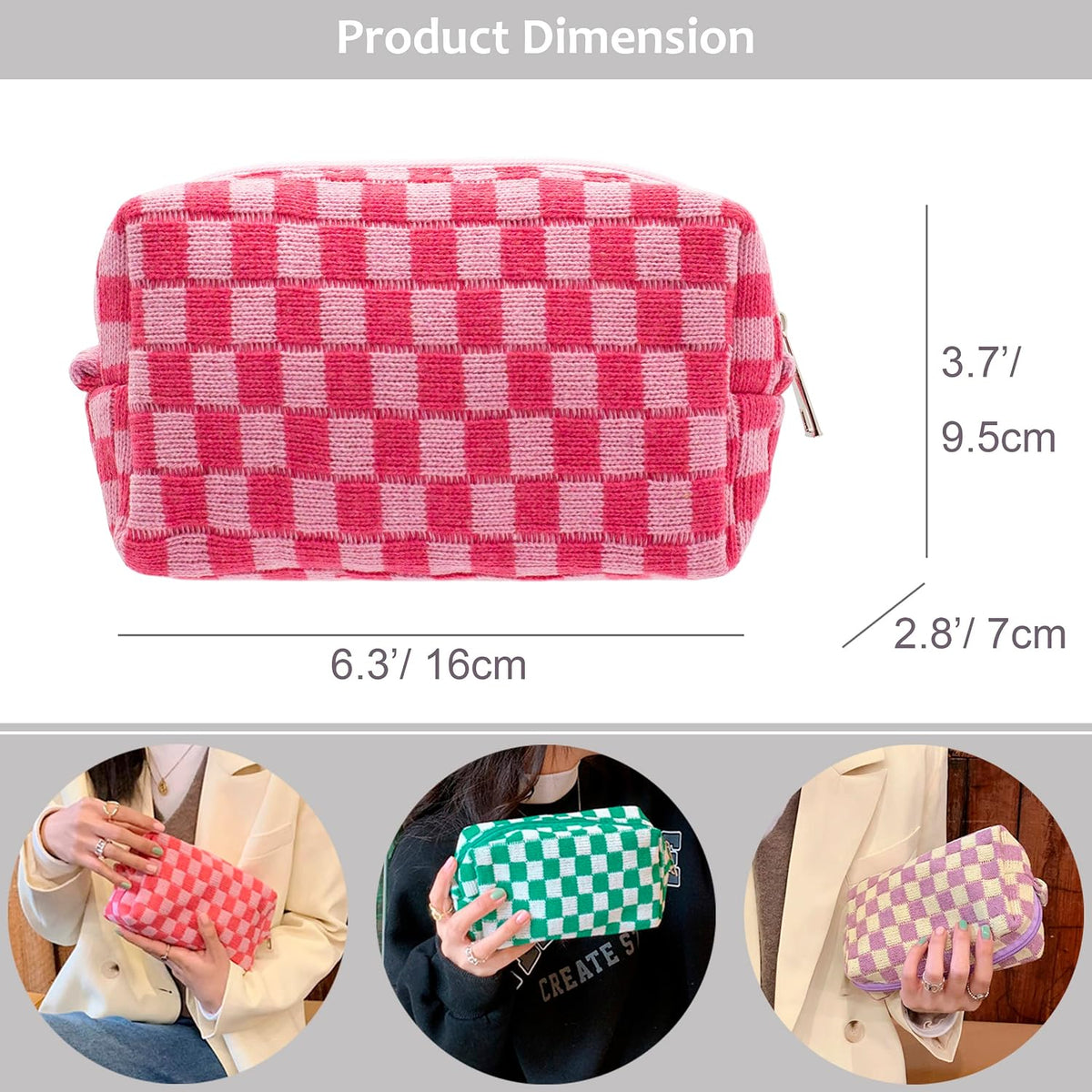 Checkered Makeup Bag for Purse Portable Zipper Make Up Pouch Small Cosmetic Case for Travel Accessories (Hotpink)