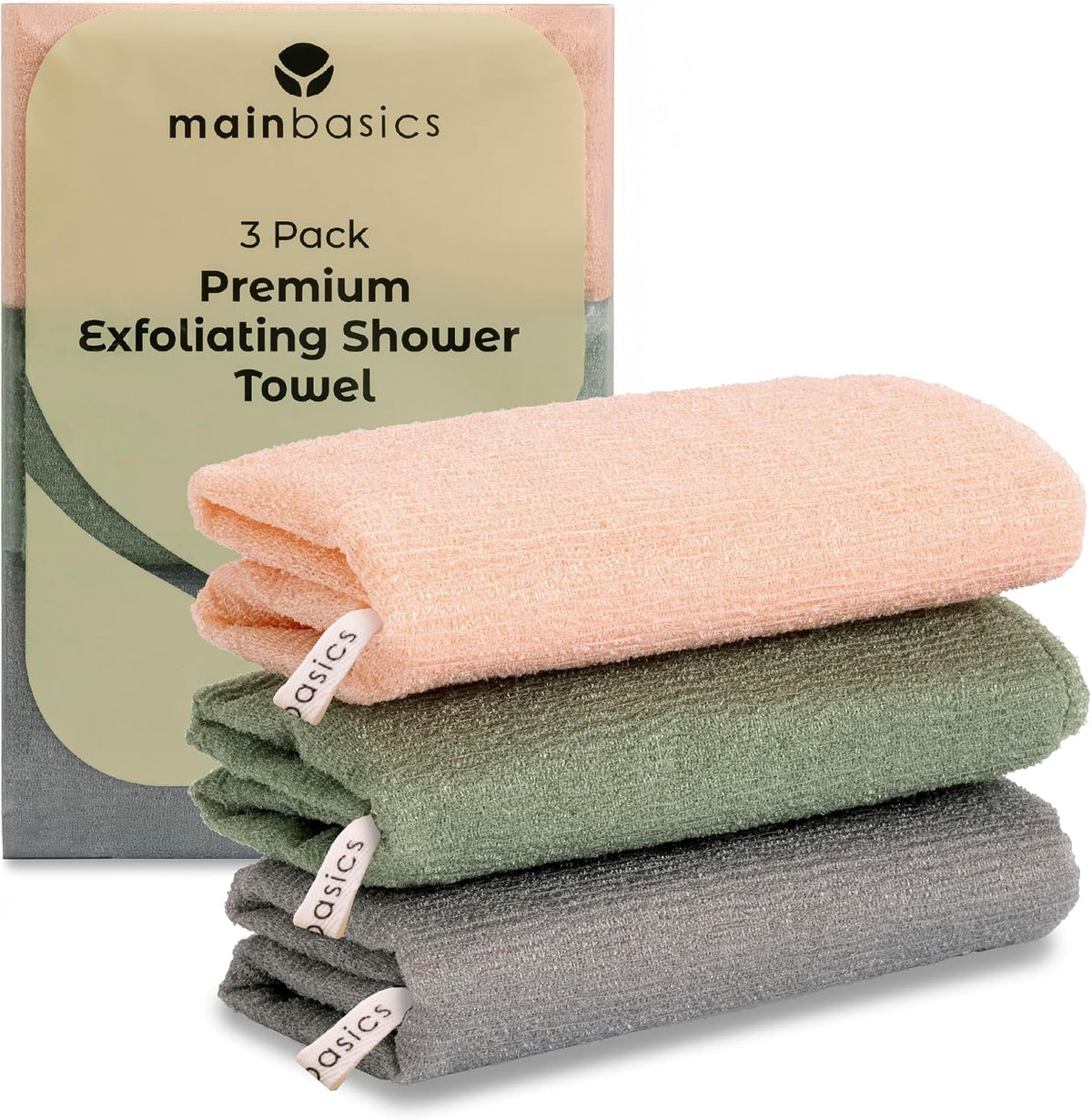 MainBasics Deep Exfoliating Japanese Shower Towel, 3 Pack, Earthy Love