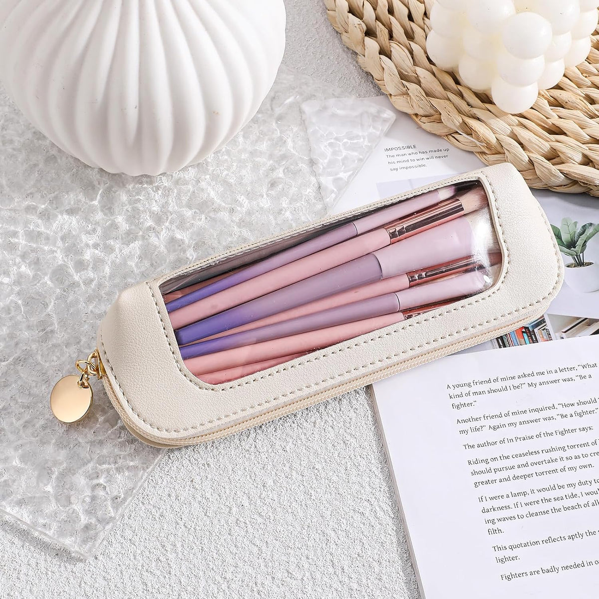 Psyqtsuary Small Clear Makeup Bag, PU Leather Travel Makeup Brush Case Portable Transparent Waterproof Cosmetic Organize