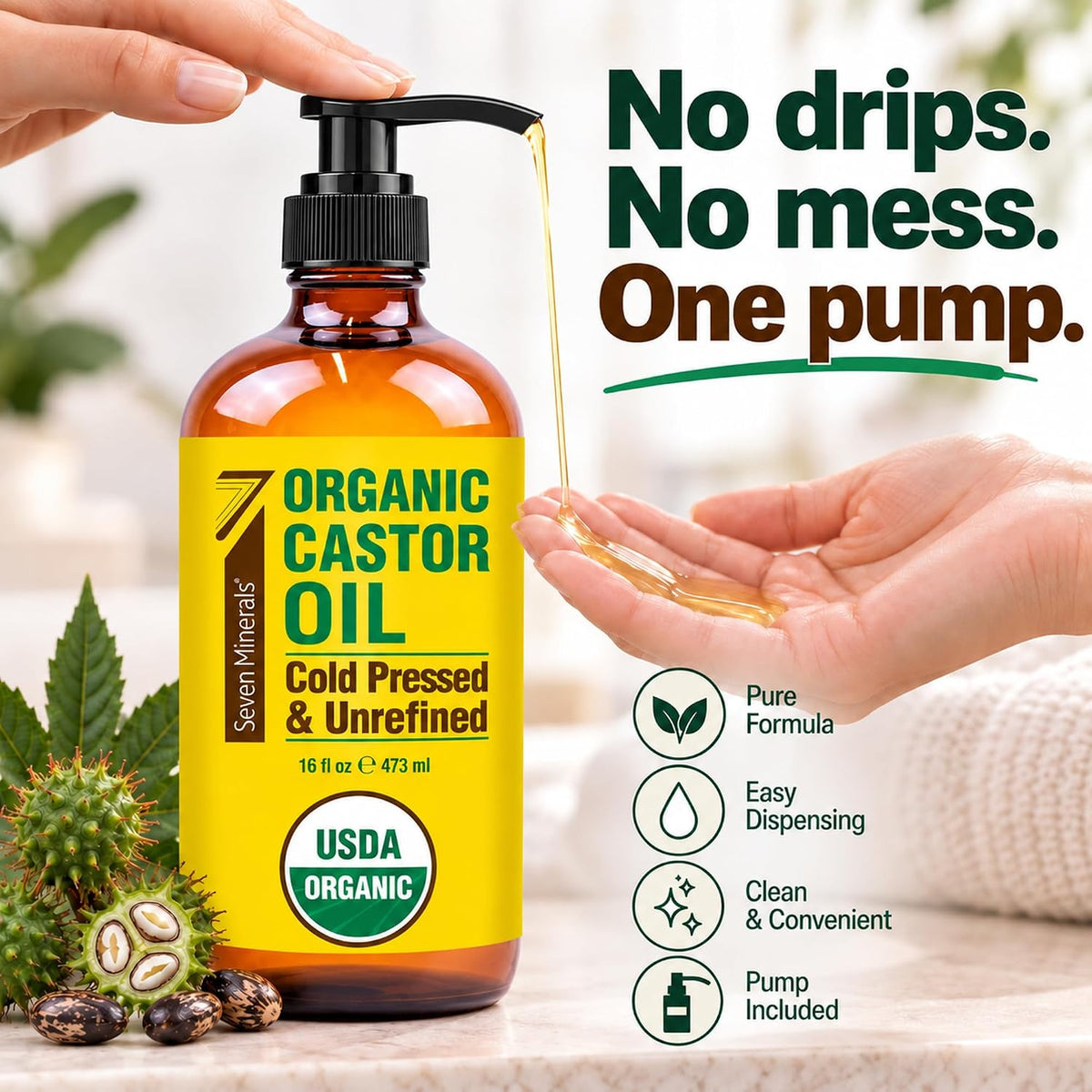 Seven Minerals USDA Organic Castor Oil - Big 16 oz Glass Bottle with Pump - 100% Pure Cold Pressed Unrefined Hexane Free