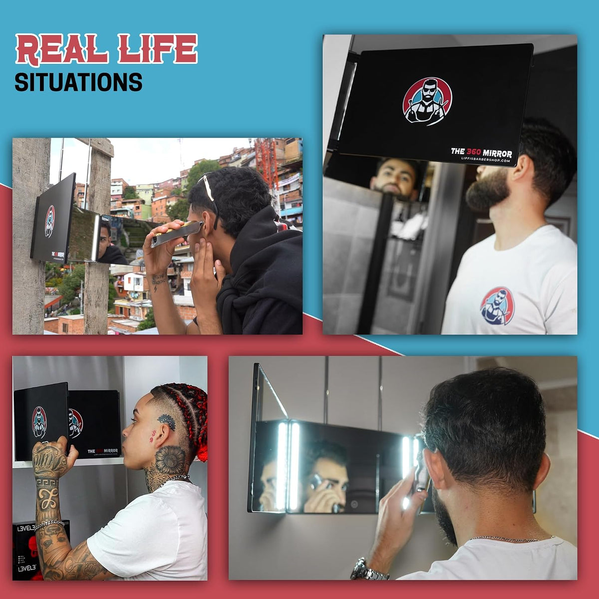 360 Mirror LED Lights Barber 3 Way Hanging Mirror Self Hair Cutting System
