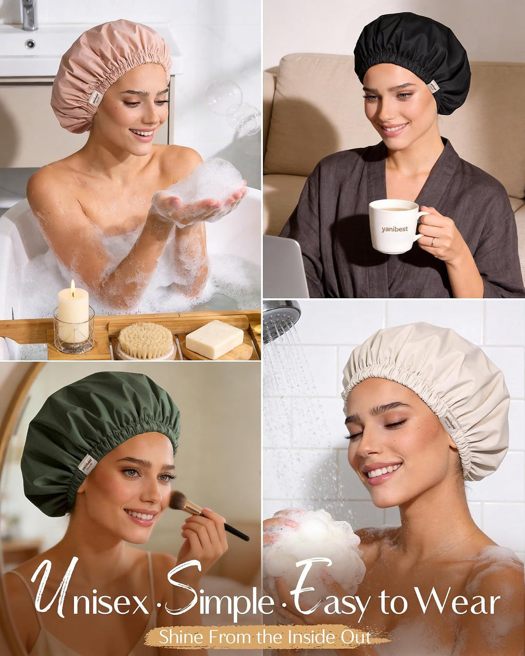 Yanibest Satin Lined Shower Cap, Reusable Waterproof Shower Caps for Women