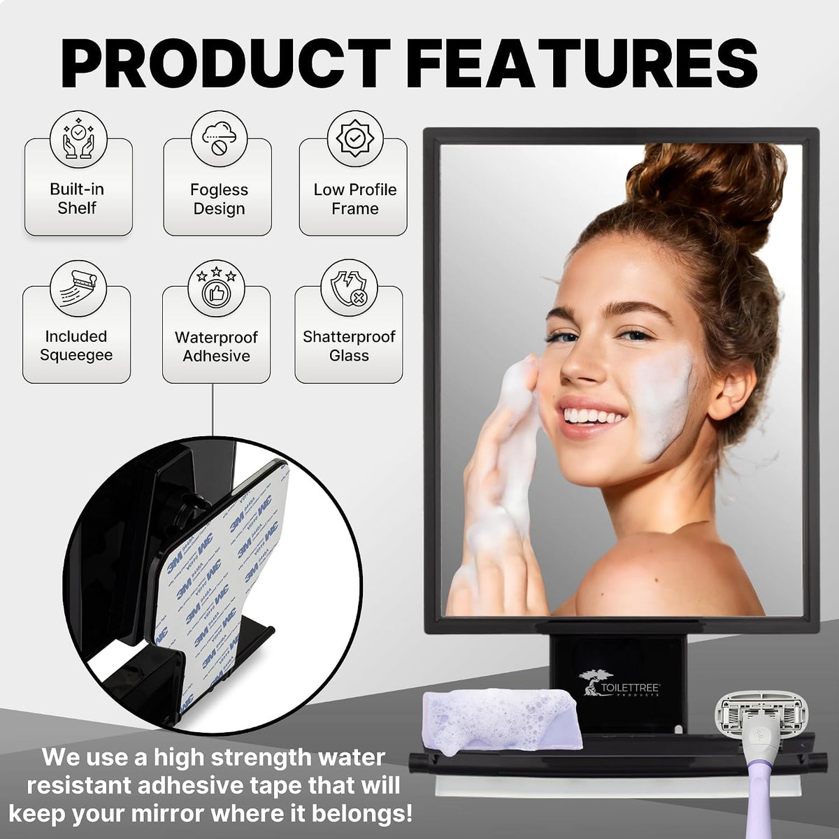 ToiletTree Products Fogless Shower Mirror - Anti-Fog Mirror - Adjustable Shaving Mirror with a Squeegee - Rust-Proof, Im