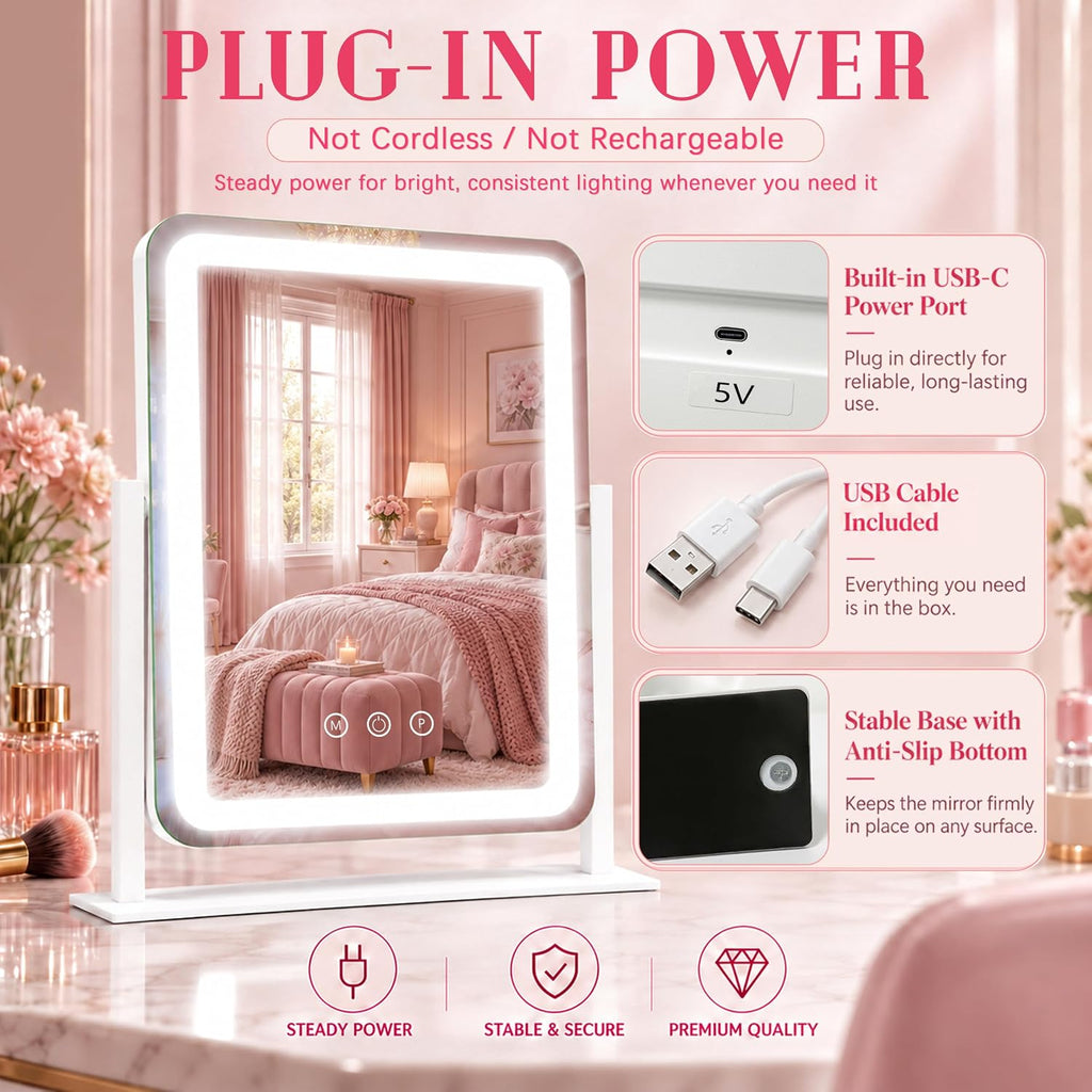ROLOVE Vanity Mirror with Lights for Desk, 12.6"x15", Dimmable, White