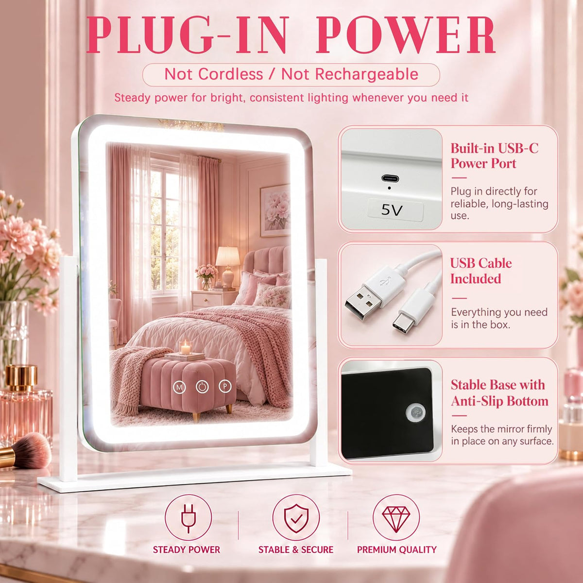 ROLOVE Vanity Mirror with Lights for Desk, 12.6"x15", Dimmable, White