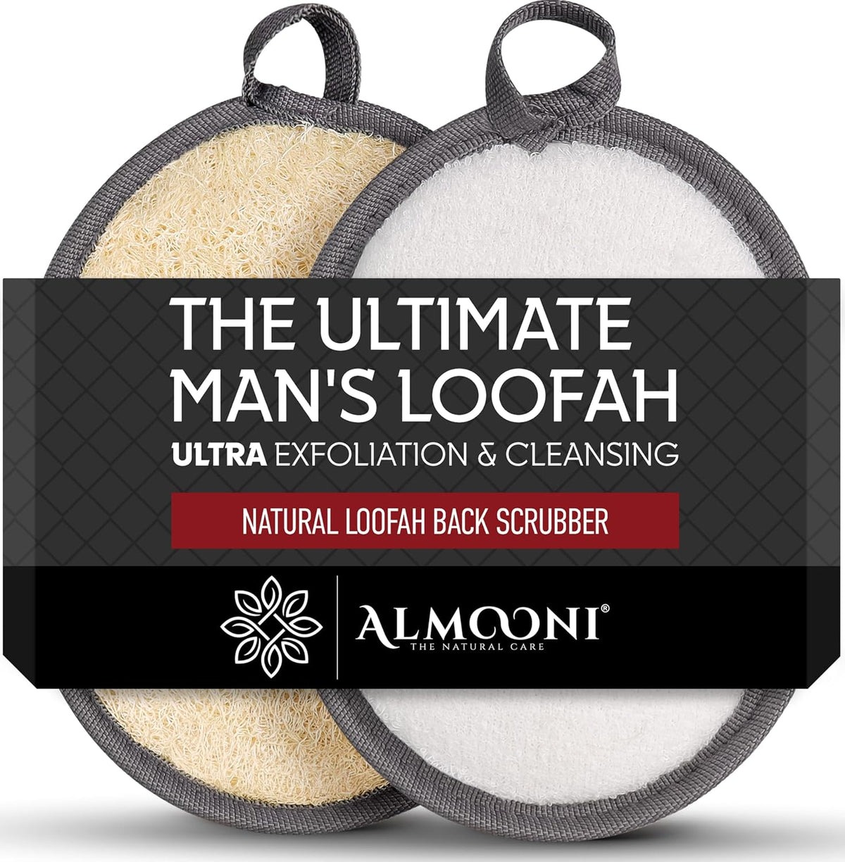 ALMOONI Loofah Sponge Body Scrubber for Men, Black, 2 Count