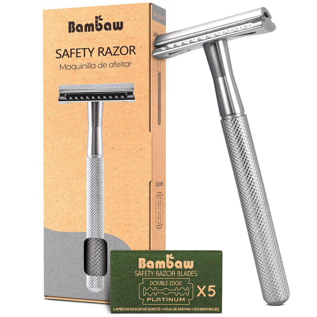 Bambaw Double Edge Safety Razor for Men & Women, Metal Razor with 5 Double Edge Safety Razor Blades, Eco-Friendly Razor 
