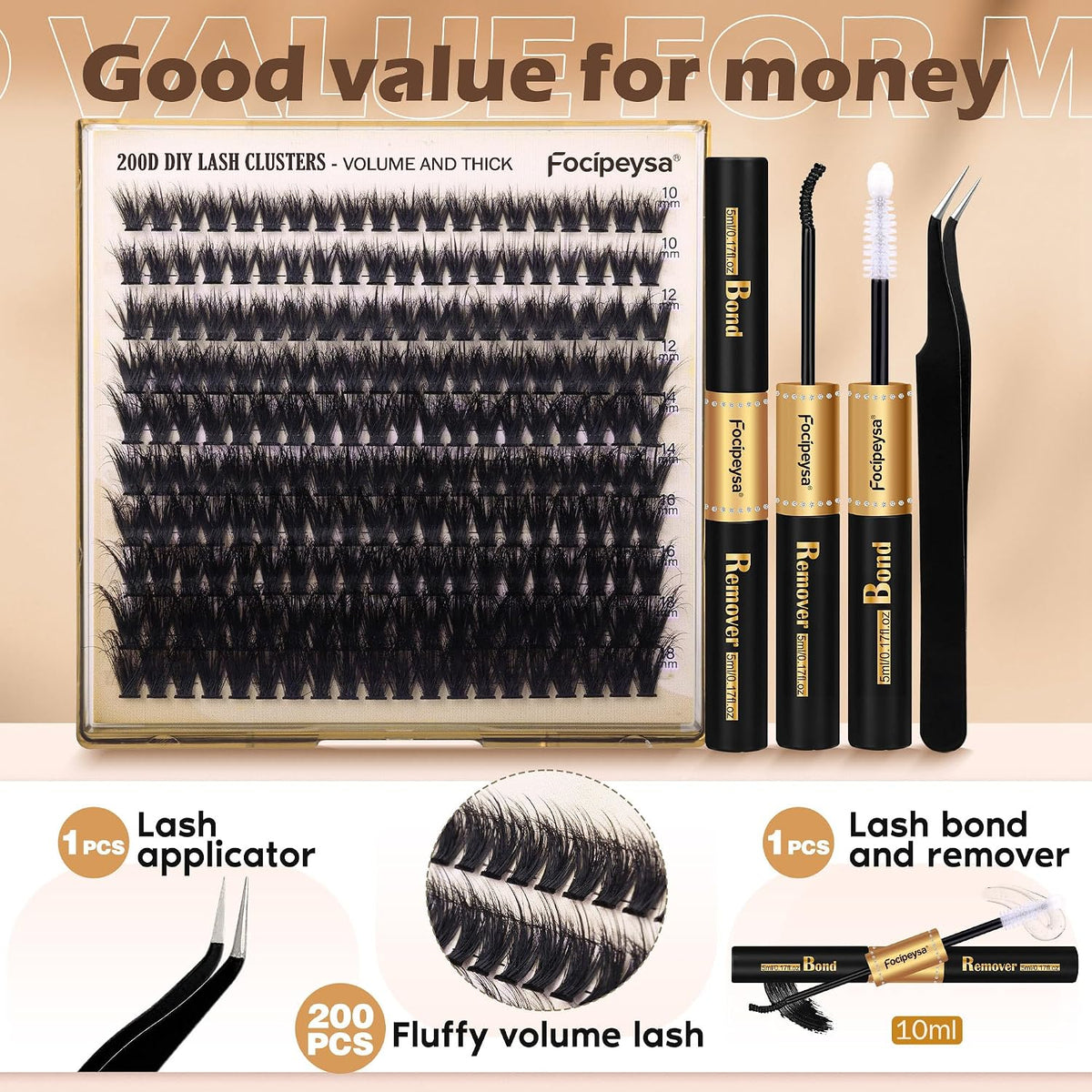 Focipeysa Lash Extension Kit Thick Eyelash Extension Kit 10-18mm Fluff Volume Lash Clusters 200D Individual Eyelashes Ki