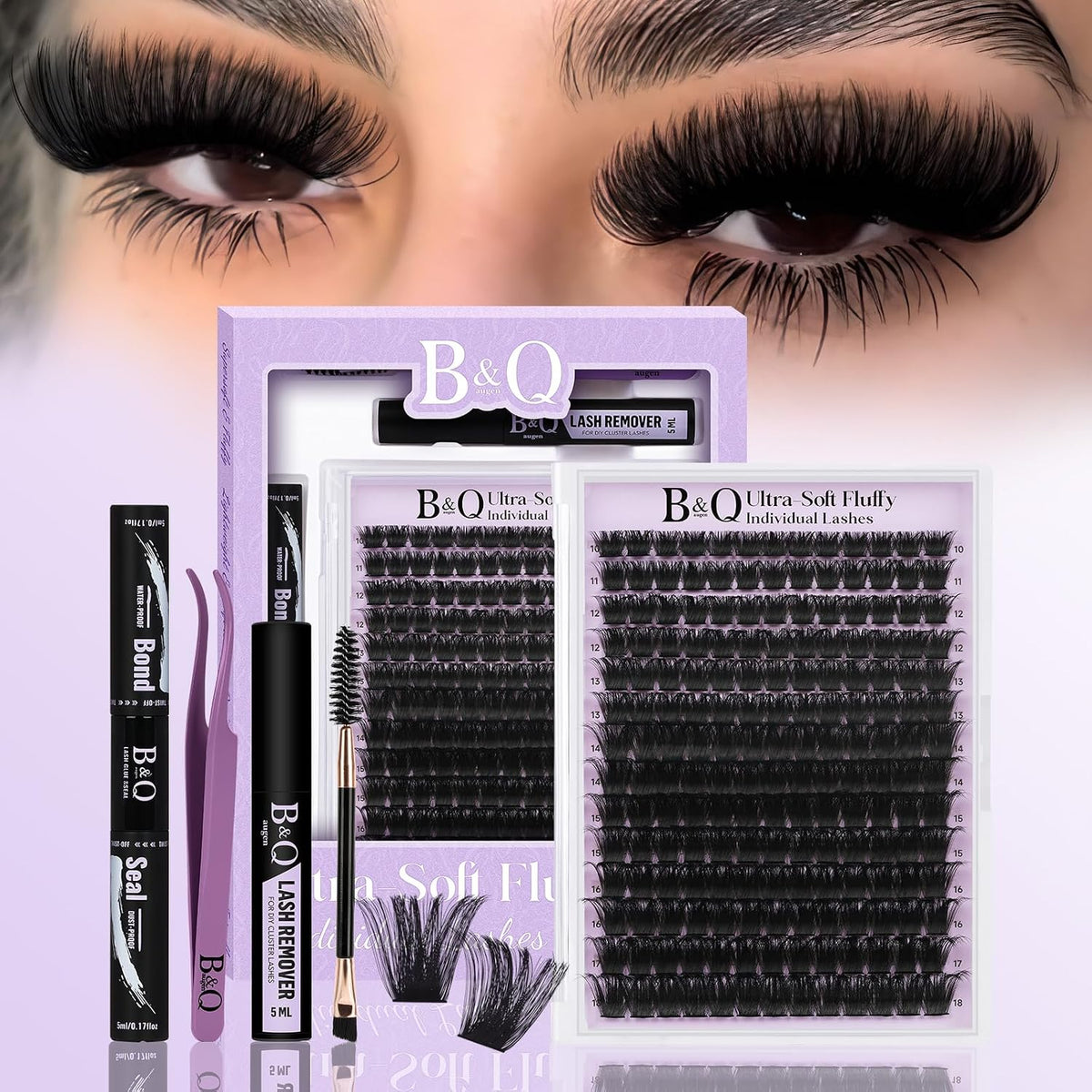 B&Q Fluffy Lash Clusters 200D,Dramatic Full Eyelash Clusters Volume 10-18mm