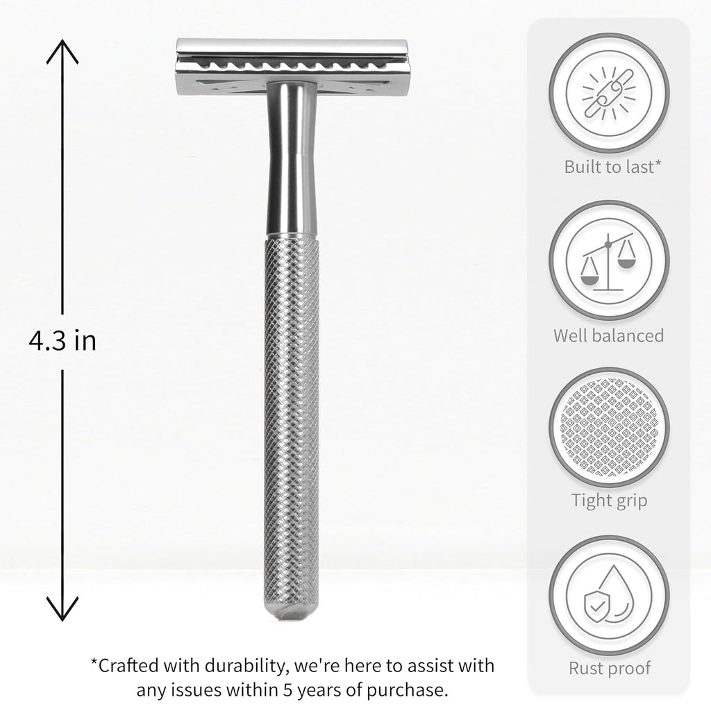 Bambaw Double Edge Safety Razor for Men & Women, Metal Razor with 5 Double Edge Safety Razor Blades, Eco-Friendly Razor 