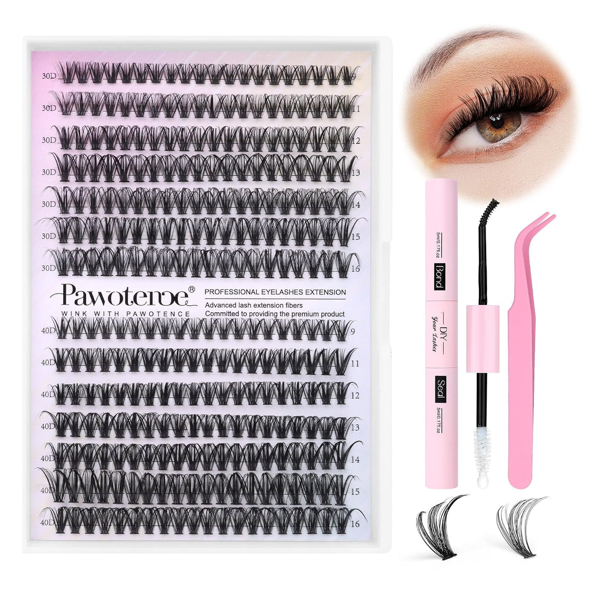 Pawotence Lash Extension Kit DIY 280pcs Lash Clusters Eyelash Extension Kit, 9-16mm 30D 40D Individual Lashes Kit with L