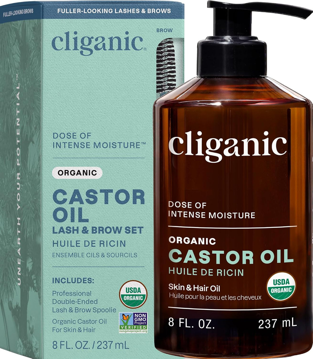 Cliganic Castor Oil Organic Cold Pressed for Eyelashes, Eyebrows & Skin 8oz