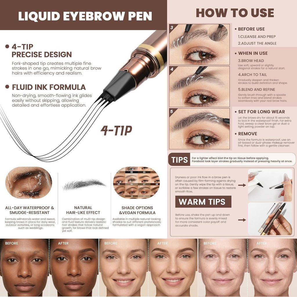 2 Pack Eyebrow Pen, Waterproof Microblading Eyebrow Pencil, 4 Tip Precise Eye Brow Makeup Pen for Women to Effortlessly 