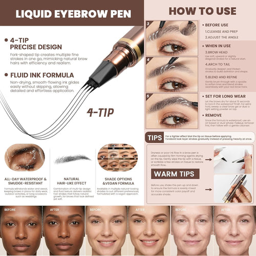 2 Pack Eyebrow Pen, Waterproof Microblading Eyebrow Pencil, 4 Tip Precise Eye Brow Makeup Pen for Women to Effortlessly 