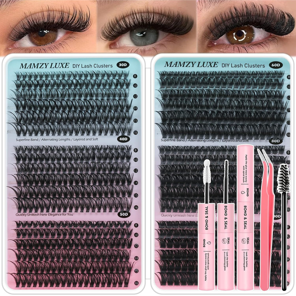 Lash Clusters Kit 708Pcs Individual Cluster Lash Extensions Kit 30D+40D+50D+60D+80D+100D Wispy Eyelash Clusters with Las