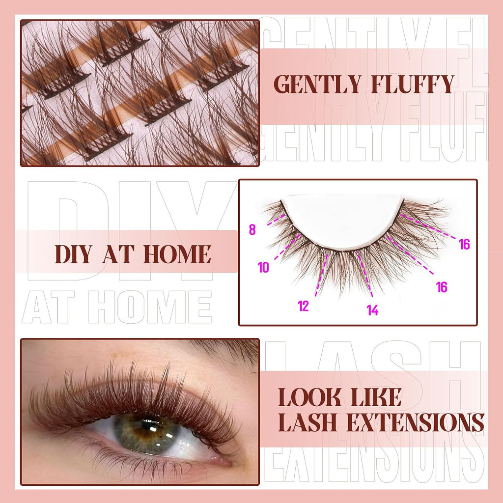 Mavphnee Brown Lash Clusters Natural Lash Extensions Wispy Eyelash Clusters 168 Pcs C Curl Lashes Clusters for Everyday 