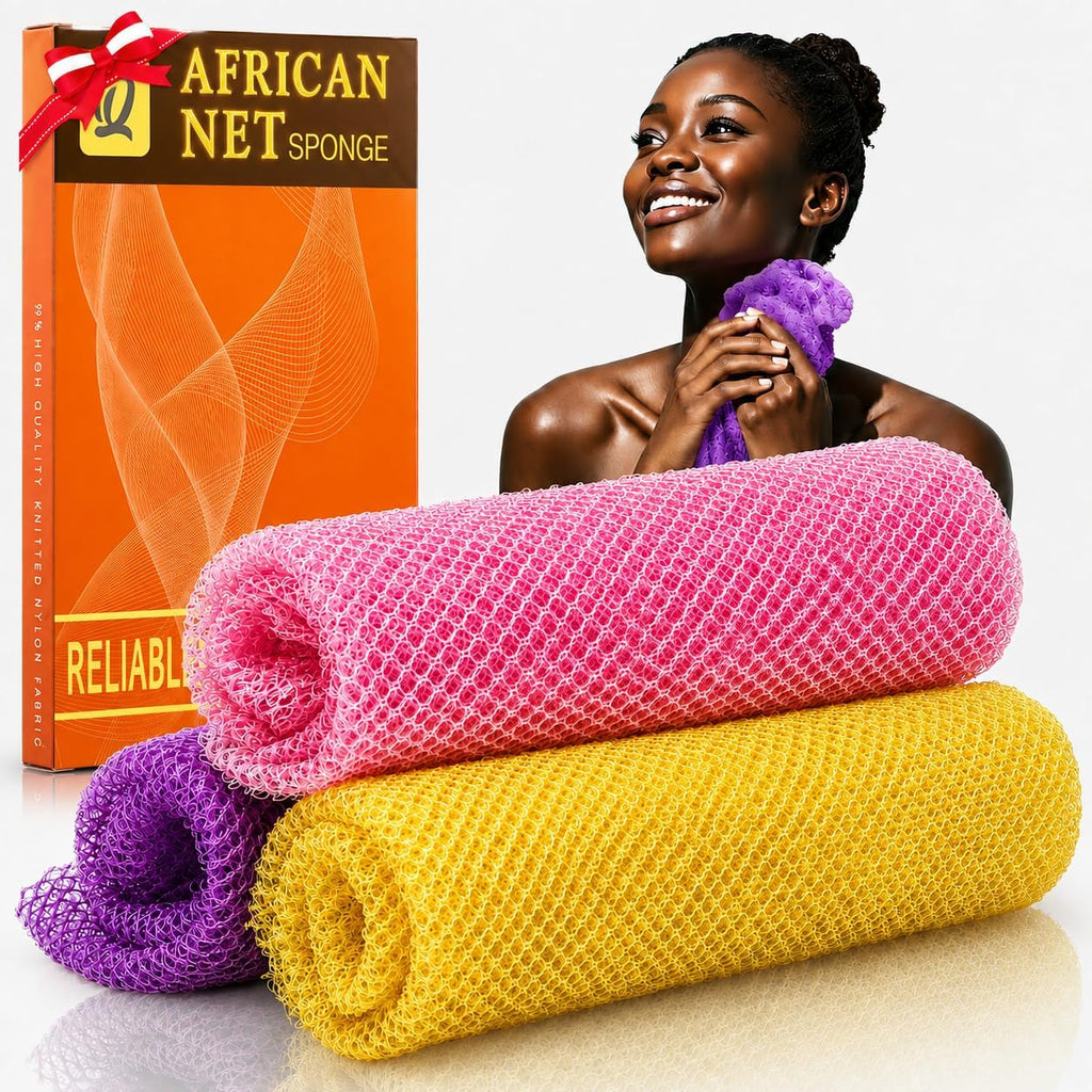 3 Pack African Net Sponge, African Exfoliating Net Bath Sponge Long Net Bath Sponge Exfoliating Shower Body Scrubber Bac