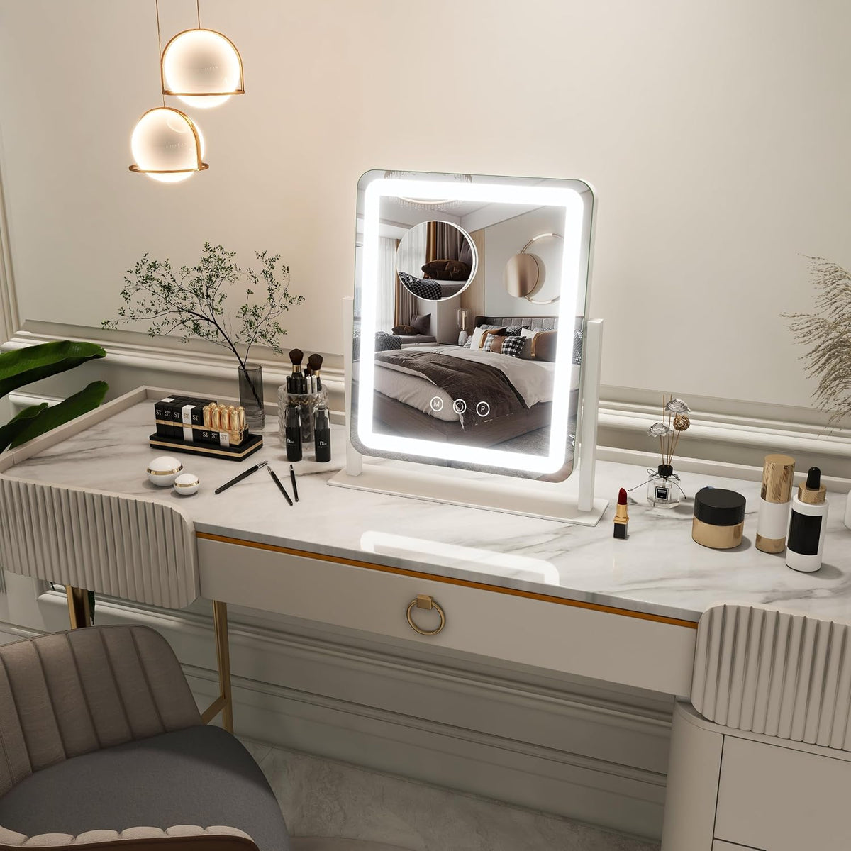 FENNIO Vanity Mirror with Lights - 15"x12.6" LED Lighted Makeup Mirror, Large Makeup Mirror with Lights, Touch Screen wi