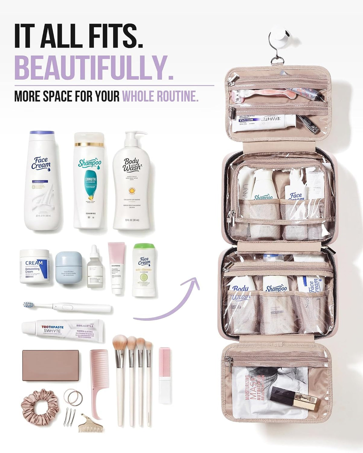 NISHEL Travel Toiletry Bag for women, Portable Hanging makeup Organizer