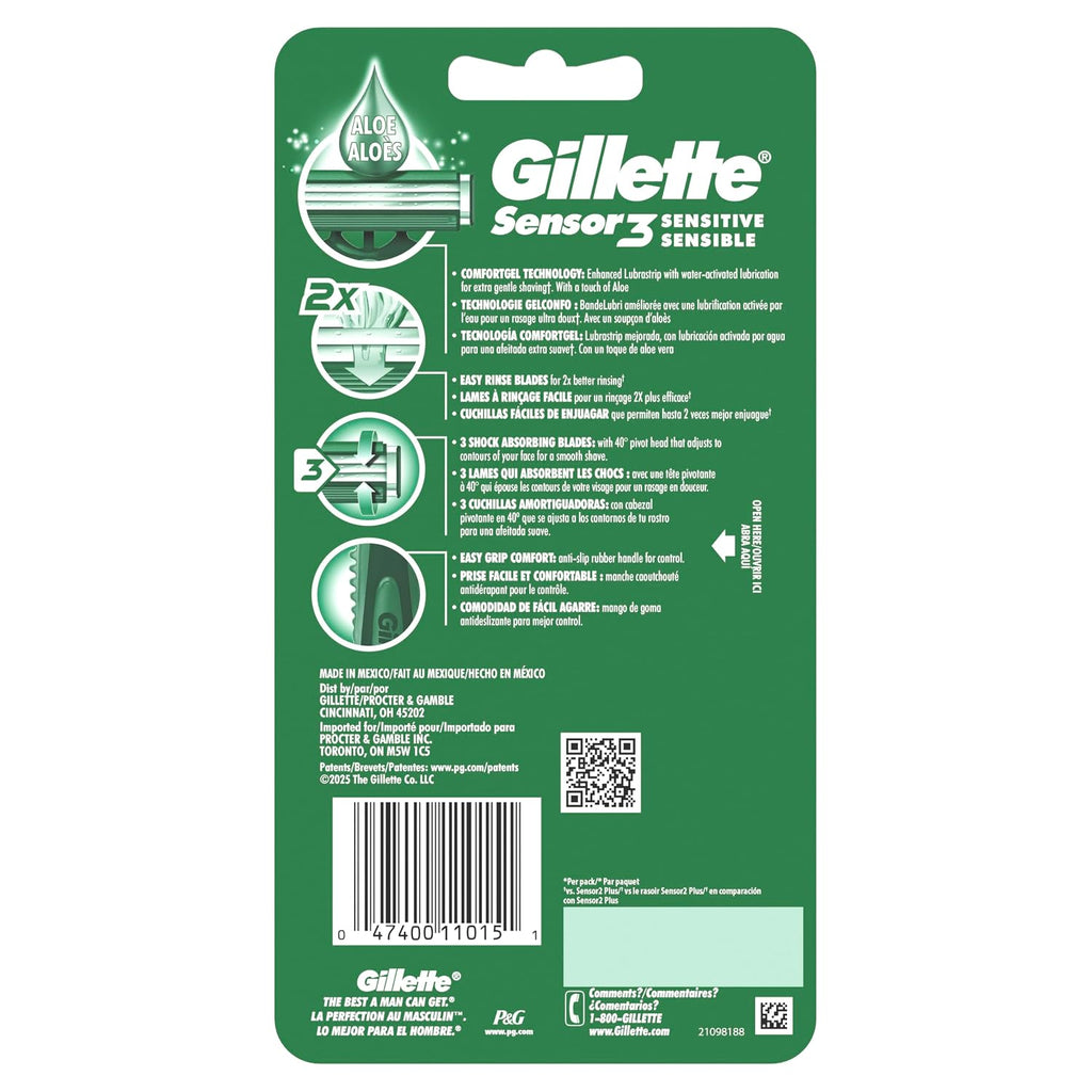 Gillette Sensor3 Sensitive Men's Disposable Razor, 4 Razors