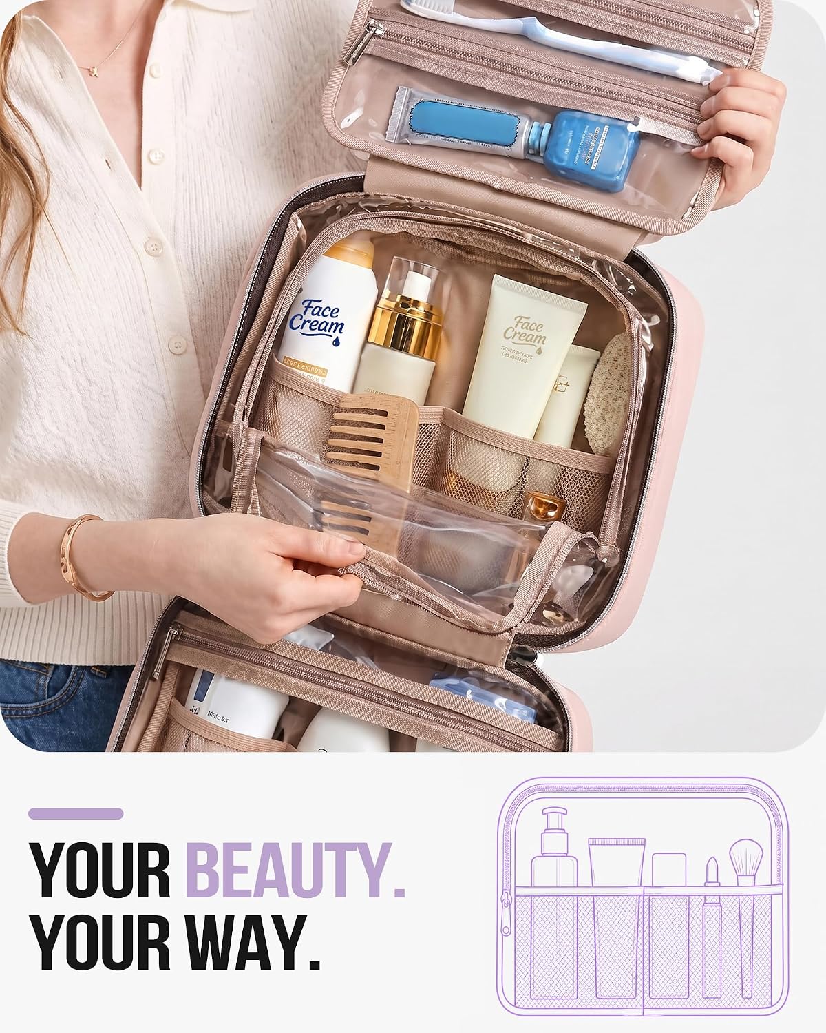 NISHEL Travel Toiletry Bag for women, Portable Hanging makeup Organizer