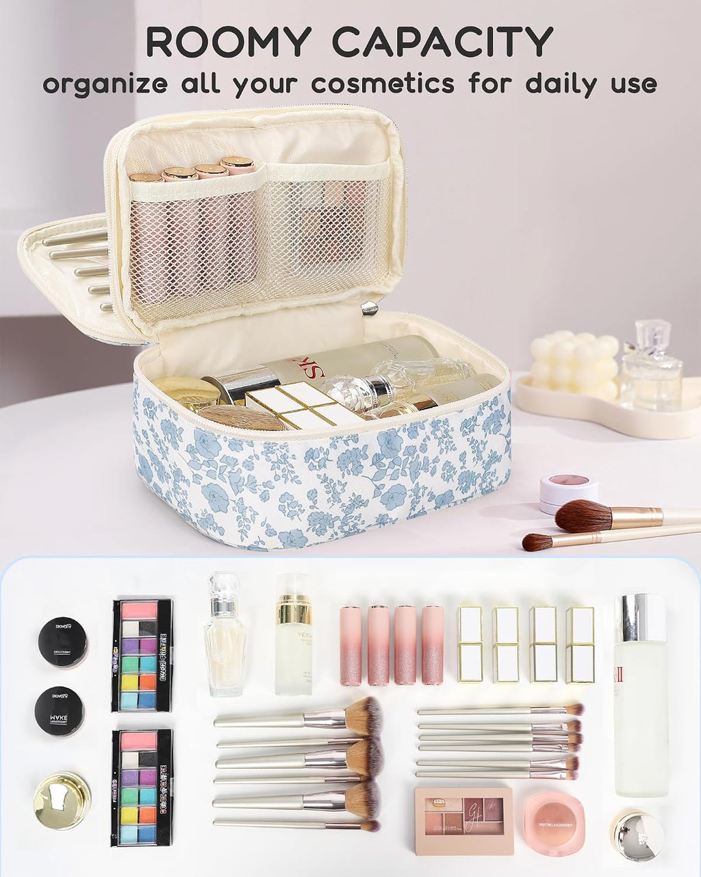 Relavel Travel Makeup Bag, Small Floral Cosmetic Bag with Handle for Trip