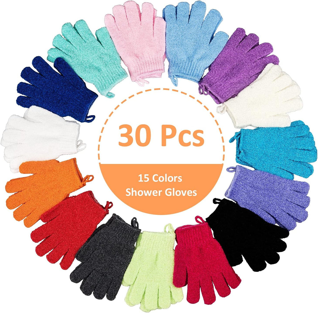 30 Pcs Exfoliating Gloves for Shower, 15 Colors Body Exfoliator Glove with Hanging Loop, Scrub Exfoliate Glove Mitt Bath
