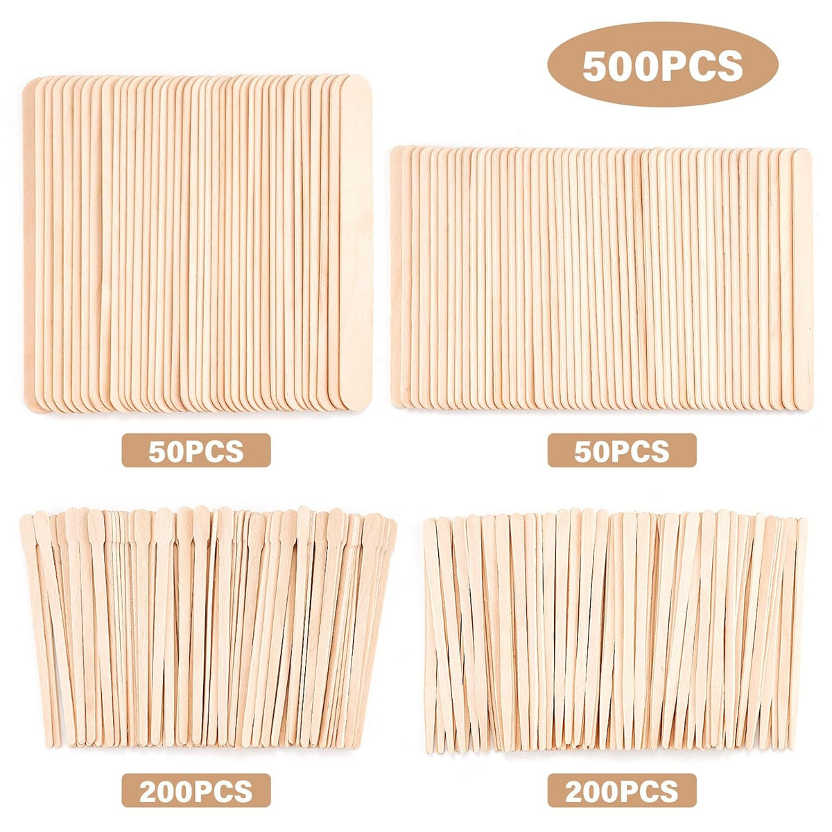 4 Styles 500 Pcs Waxing Sticks Assorted Wax Applicator Sticks For Body Legs Face With Small Medium Large Sizes Wood Stic