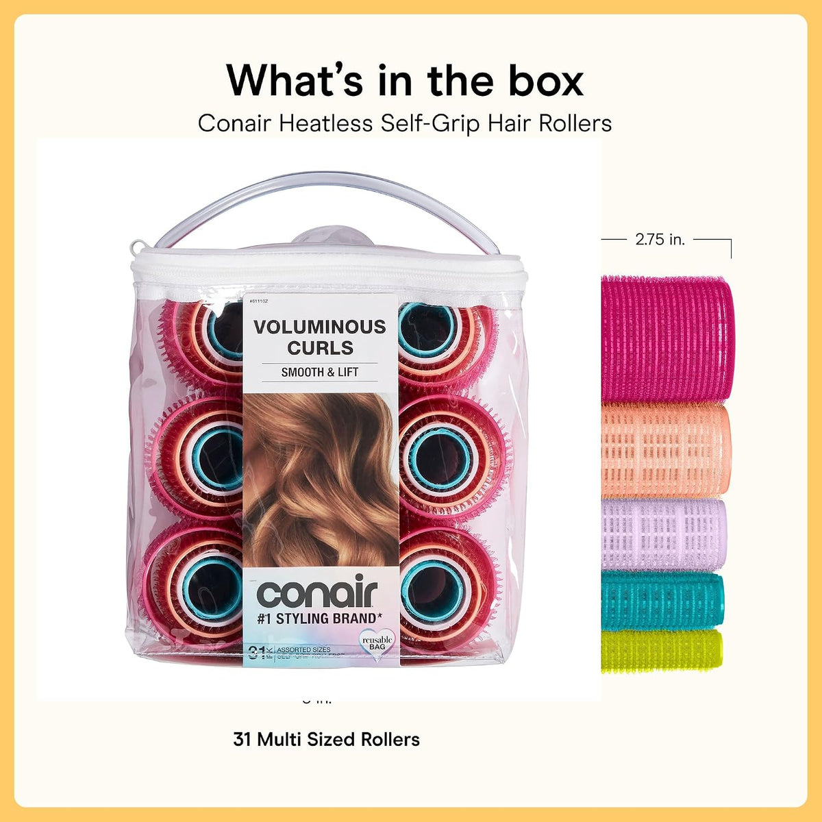 Conair Self-Grip Hair Rollers, Velcro, 5 Sizes, 31 Count, Multicolor