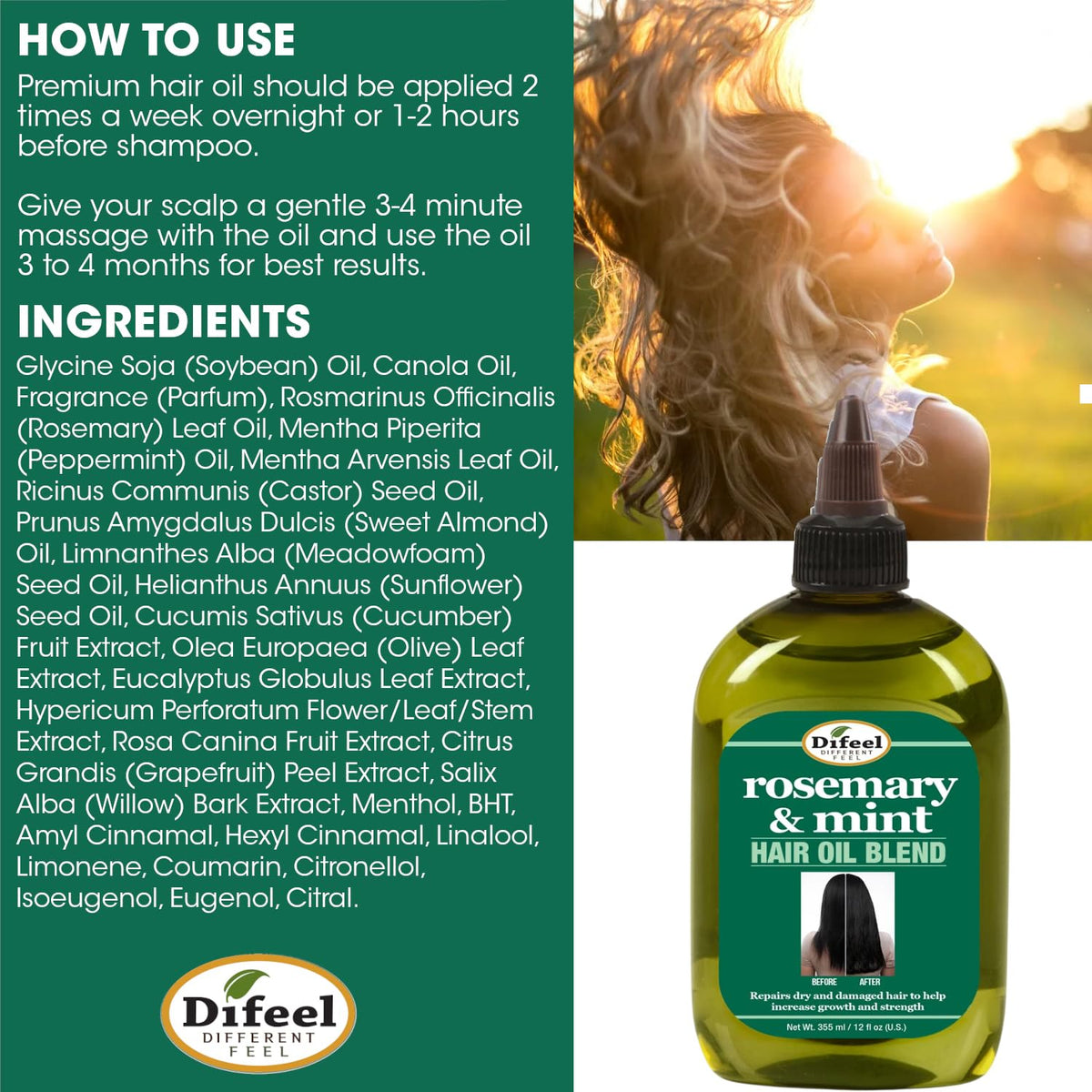Difeel Rosemary and Mint Hair Oil Blend with Biotin 7.1 Ounce - Strengthening Scalp & Hair Treatment Oil Blend, Nourishe