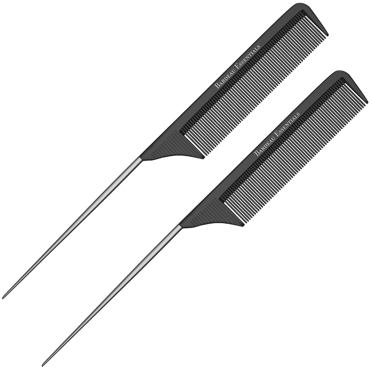 Professional 8.8 Inch Tail Comb - Black Carbon Fiber And Stainless Steel Pintail - Anti Static And Heat Resistant Teasin