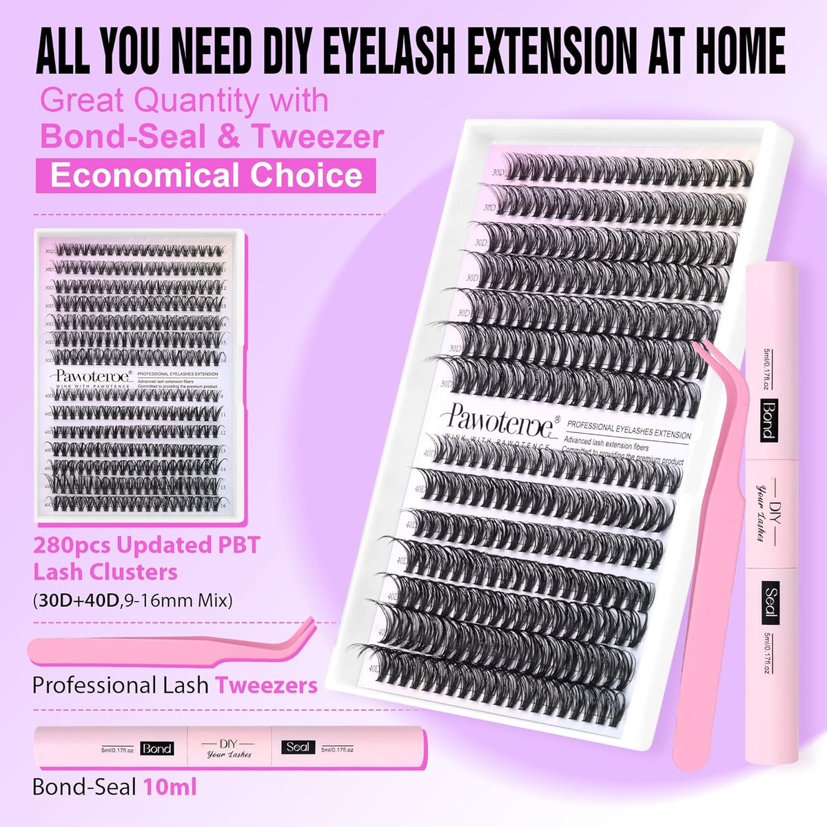 Pawotence Lash Extension Kit DIY 280pcs Lash Clusters Eyelash Extension Kit, 9-16mm 30D 40D Individual Lashes Kit with L