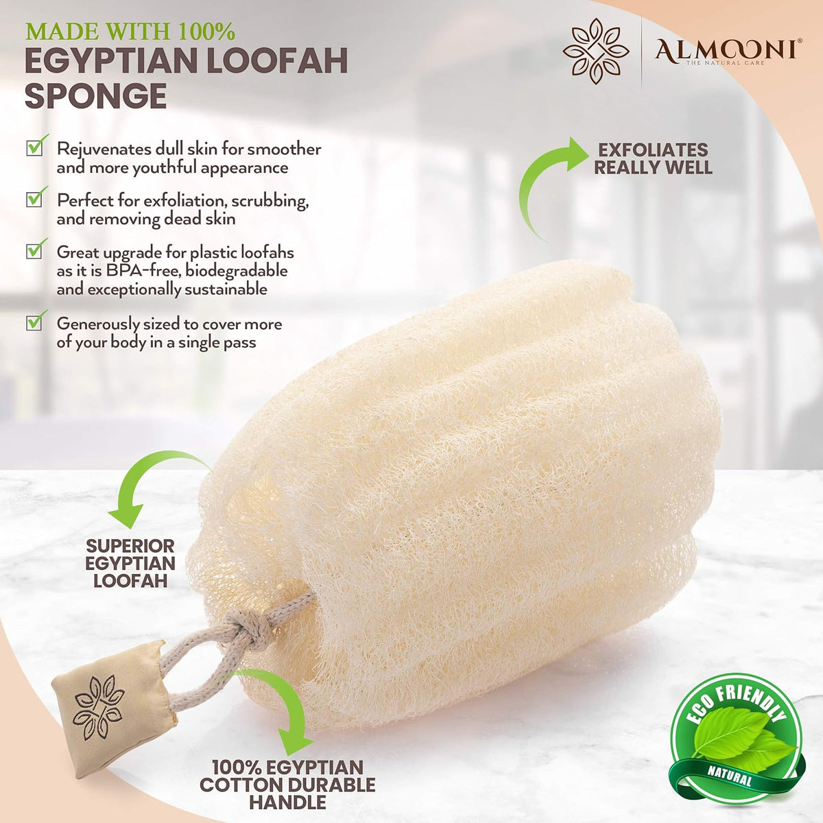 ALMOONI Natural Loofah Body Scrubber, Egyptian Loofah Sponge, 3 Count