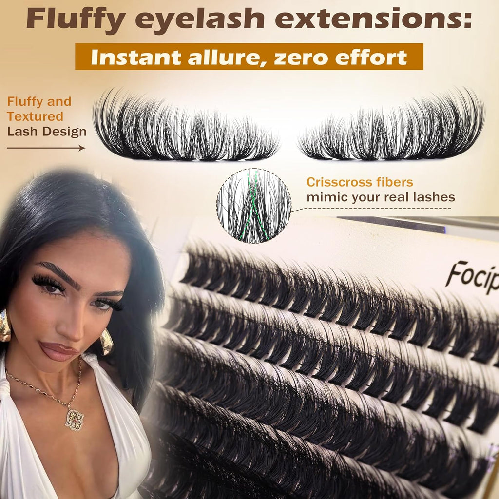 Focipeysa Lash Extension Kit Thick Eyelash Extension Kit 10-18mm Fluff Volume Lash Clusters 200D Individual Eyelashes Ki