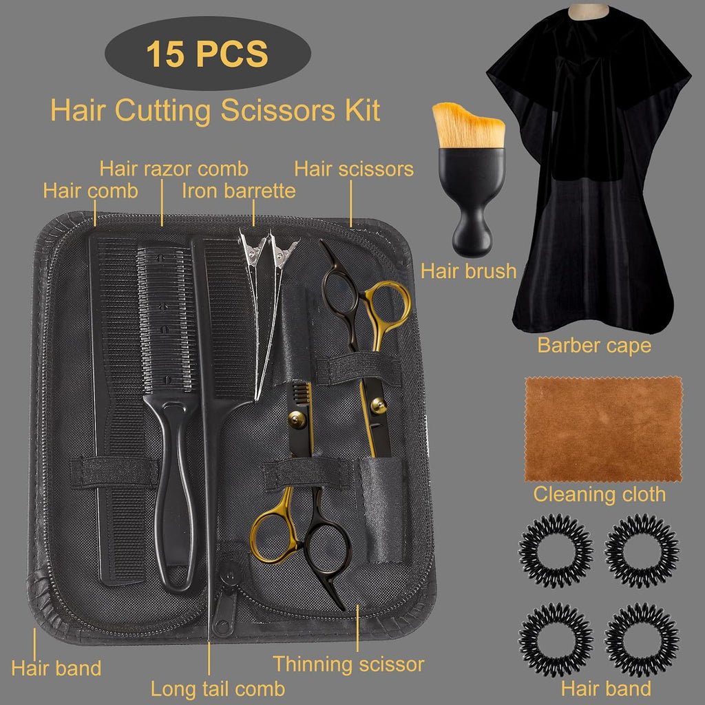 15 pcs Hair Cutting Scissors Professional, Thinning Shears for Hair Cutting, Black Gold Stainless Steel Barber Scissors,