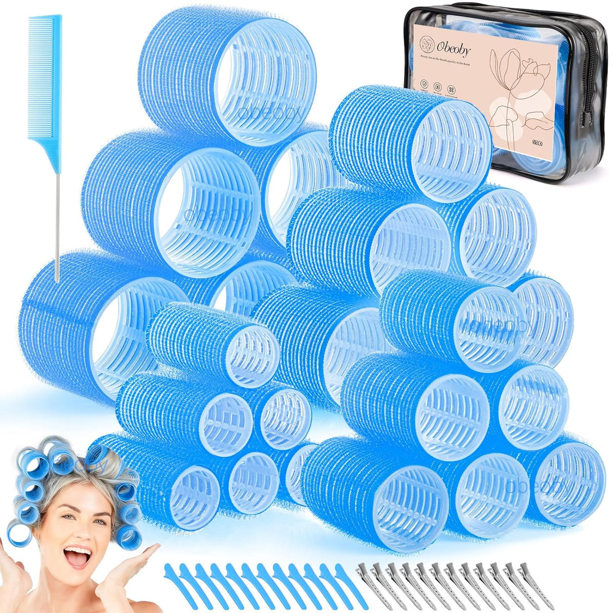 4 Sizes Self-Grip Hair Rollers Set for Long, Short Hair and Bangs - 50 Pcs with Clips (25mm, 36mm, 48mm, 60mm), Pink