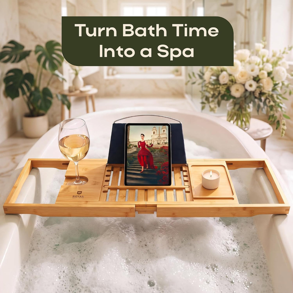 ROYAL CRAFT WOOD Premium Foldable Bathtub Tray Caddy - Wood Bath Tray for Tub, Bamboo Shelf, Expandable Bath Table Trays