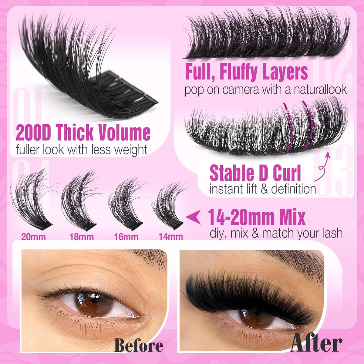 Yawamica Fluffy Lash Clusters Thick 200D Volume Eyelash Clusters 14-20mm