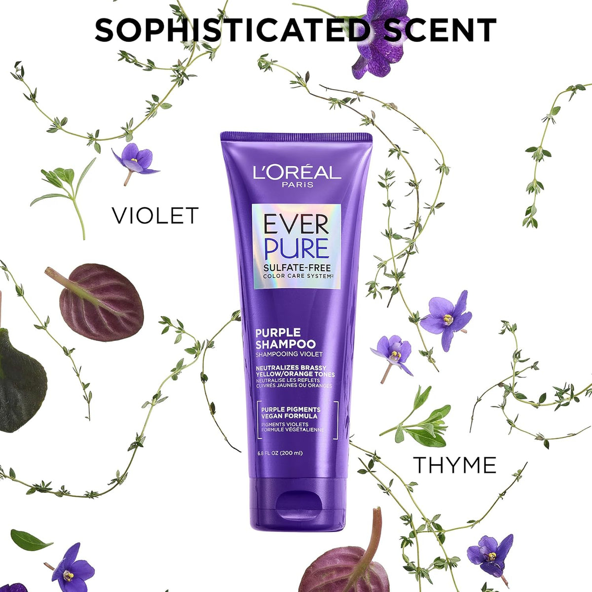 L’Oreal Paris Sulfate Free Brass Toning Purple Shampoo for Blonde, Bleached, Silver, or Brown Highlighted Hair, EverPure